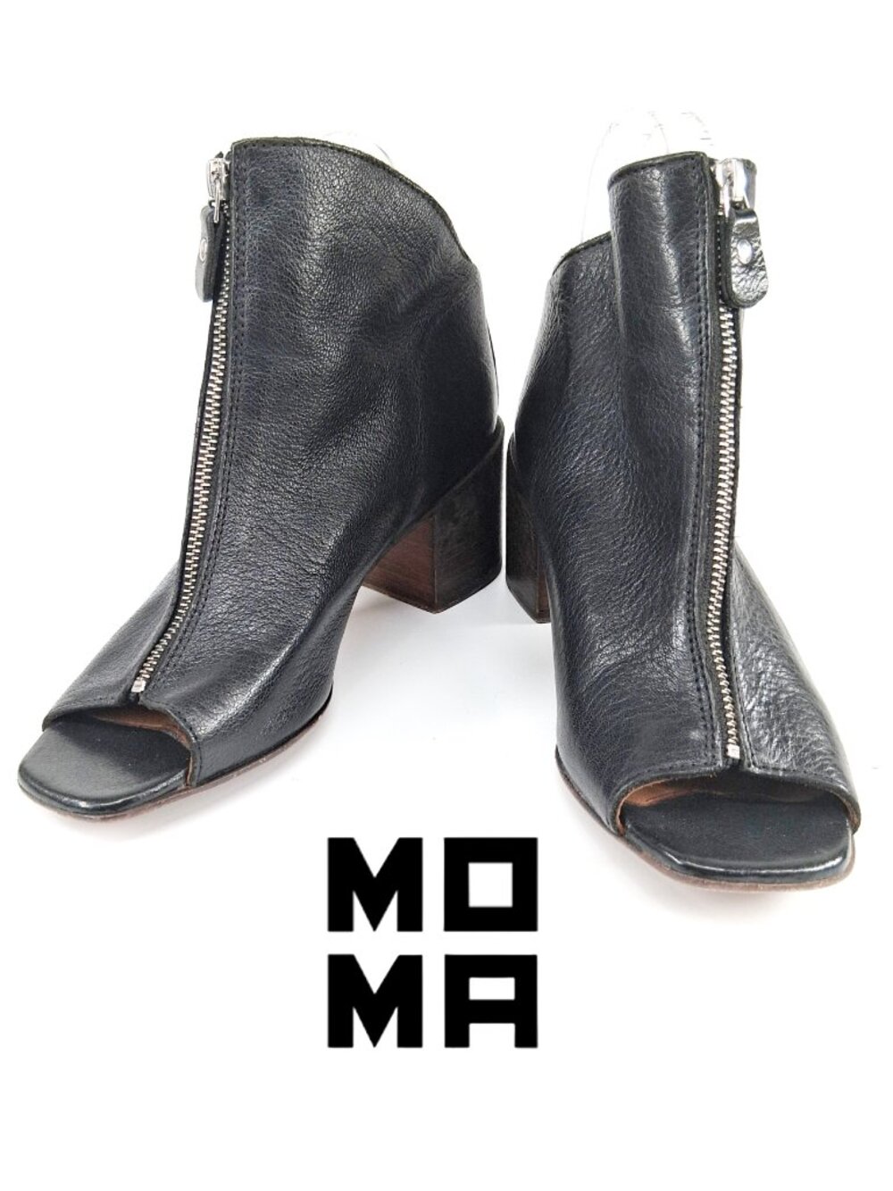 MOMA Black Leather Front Zip Cutout Sandal Booties Open Toe Block Heel SZ 39/9